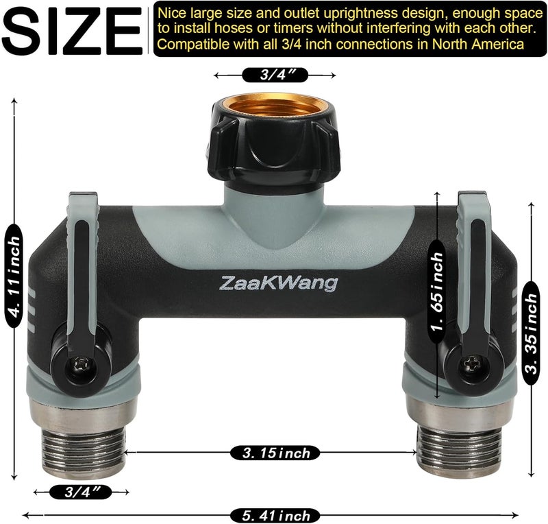 ZaakWang Full Flow Heavy Duty Two - Way Hose Splitter, Rugged Garden Faucet Adapter, Spout Diverter T - Way Adapter with Extended Handle, 3/4” GHT Thread, Grey - Image 2
